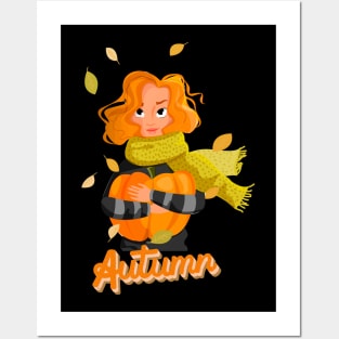Woman Hugging Pumpkin in Autumn Posters and Art